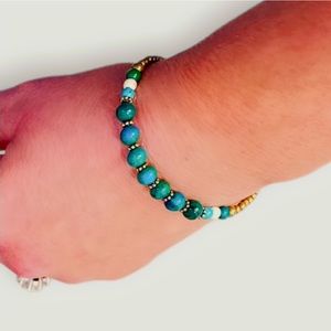 BOHO VINTAGE MALACHITE Green Stone Bead Brass Jingle Bracelet Handmade